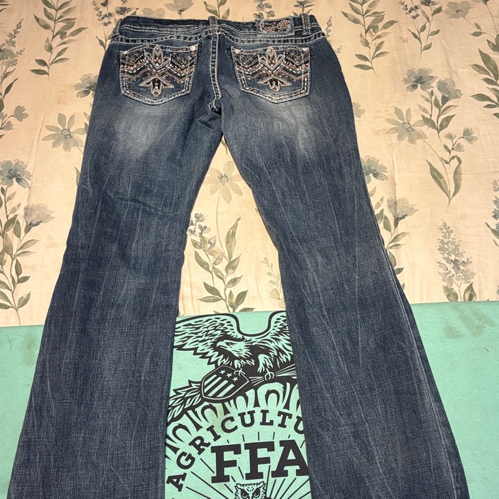 Grace in LA Dark Blue Embroidered Flare Jeans